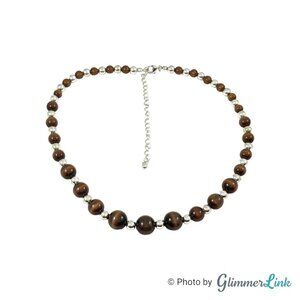 Faux Tiger's Eye Graduated Round Brown Bead Silver Tone Necklace